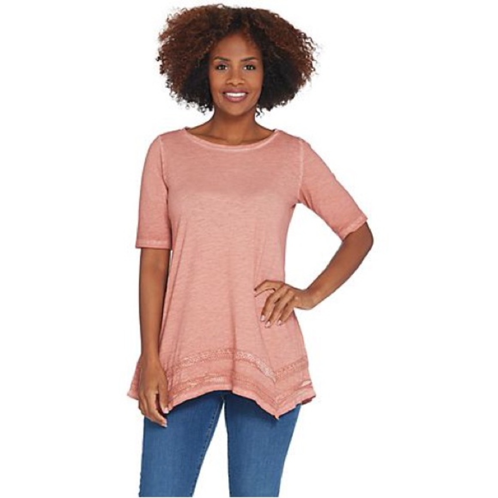 LOGO by Lori Goldstein Distressed Cotton Slub Top with Lace A305484 - Picture 6 of 7